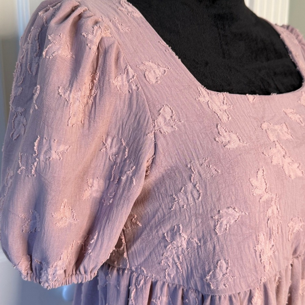 Ces Femme Mauve Pink Floral Jacquard Puff Sleeve Tie Back Mini Dress Size M NWOT - Picture 2 of 8